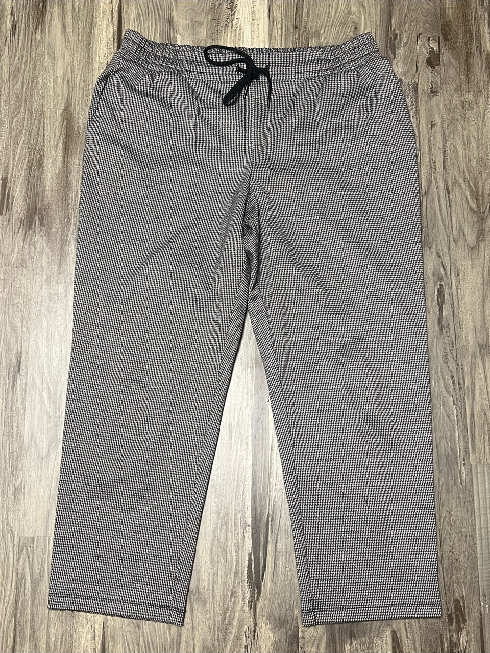 A New Day Houndstooth Drawstring Pants L Brown Black White Ankle Pull On